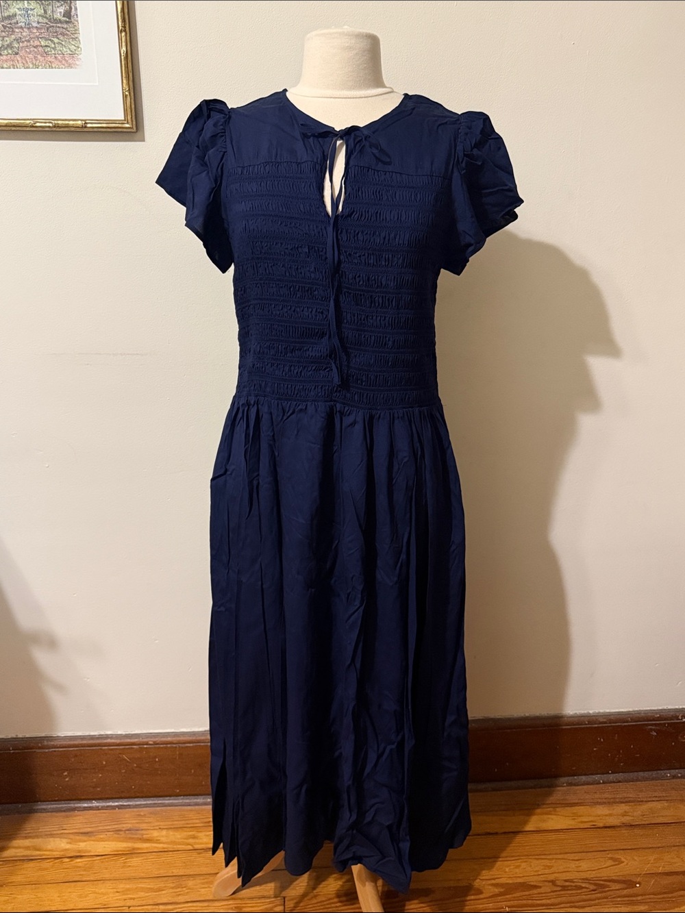GAP Navy Smocked Maxi Dress with Tie Neck